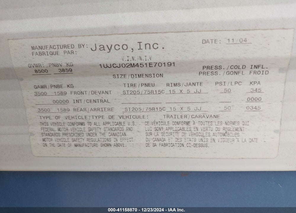 2005 JAYC JAYFLIGHT VIN: 1UJCJ02M451E70191