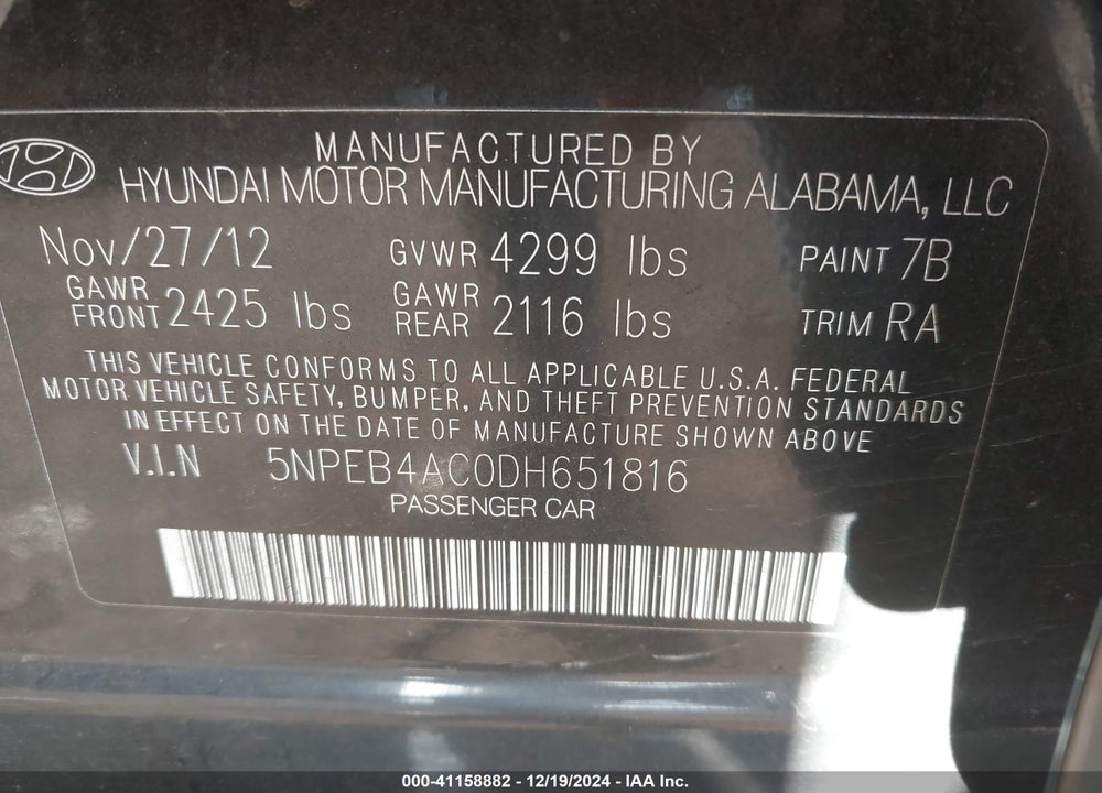 2013 HYUNDAI SONATA GLS VIN: 5NPEB4AC0DH651816
