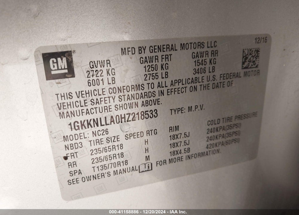 2017 GMC ACADIA SLE-2 VIN: 1GKKNLLA0HZ218533