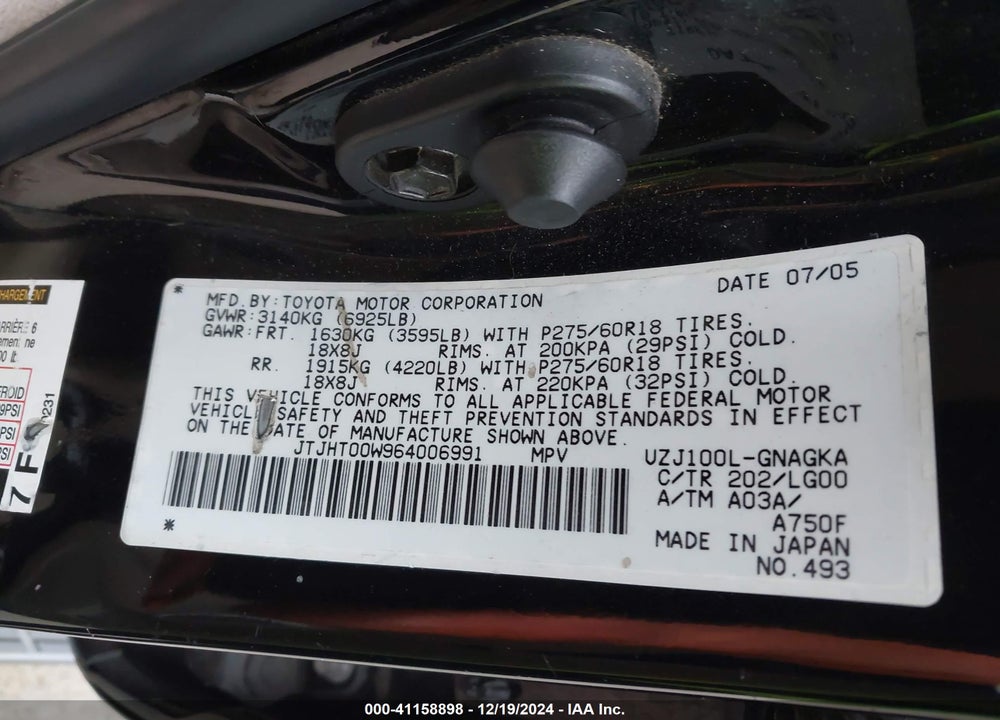 2006 LEXUS LX 470 VIN: JTJHT00W964006991