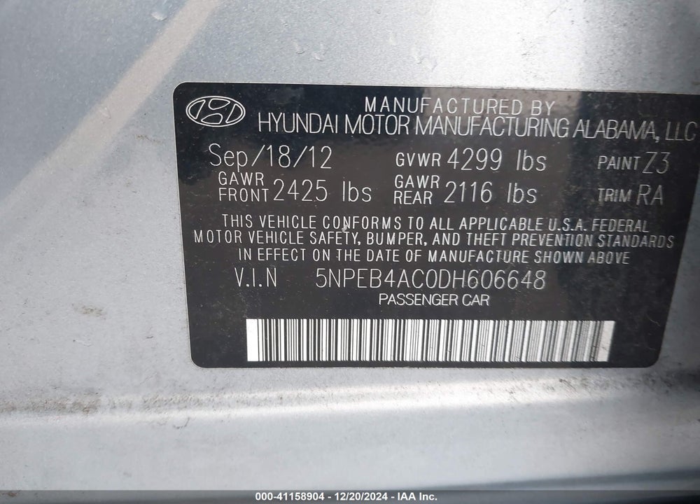 2013 HYUNDAI SONATA GLS VIN: 5NPEB4AC0DH606648