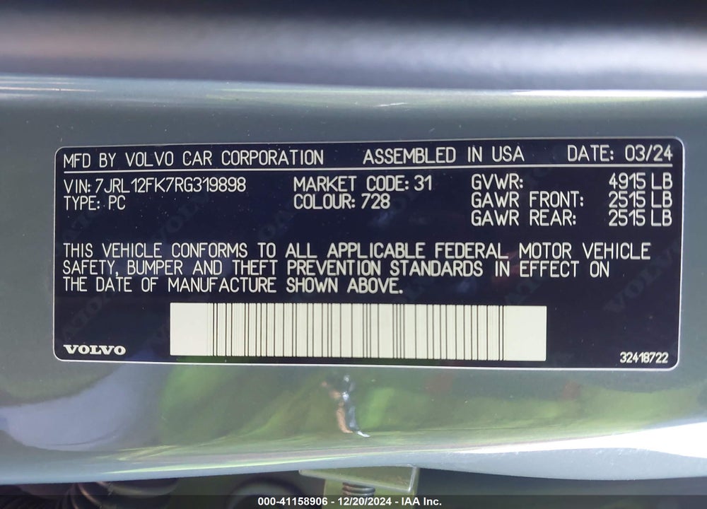 2024 VOLVO S60 B5 CORE DARK THEME VIN: 7JRL12FK7RG319898
