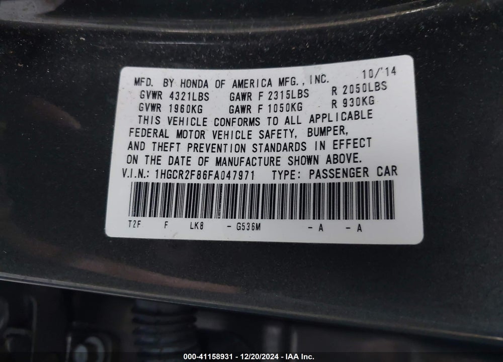 2015 HONDA ACCORD VIN: 1HGCR2F86FA047971