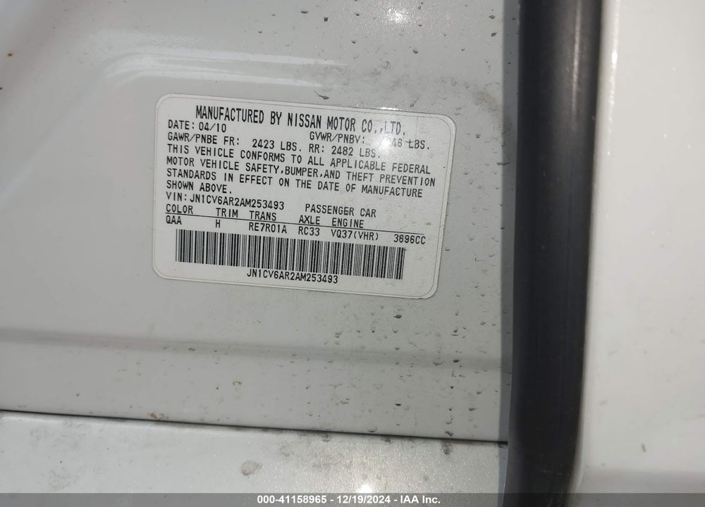 2010 INFINITI G37X VIN: JN1CV6AR2AM253493