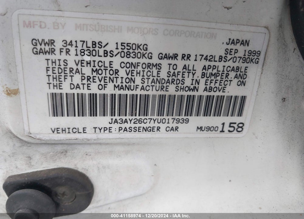 2000 MITSUBISHI MIRAGE VIN: JA3AY26C7YU017939