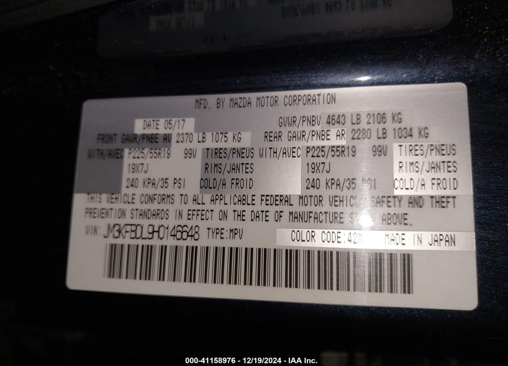 2017 MAZDA CX-5 GRAND TOURING VIN: JM3KFBDL9H0146648