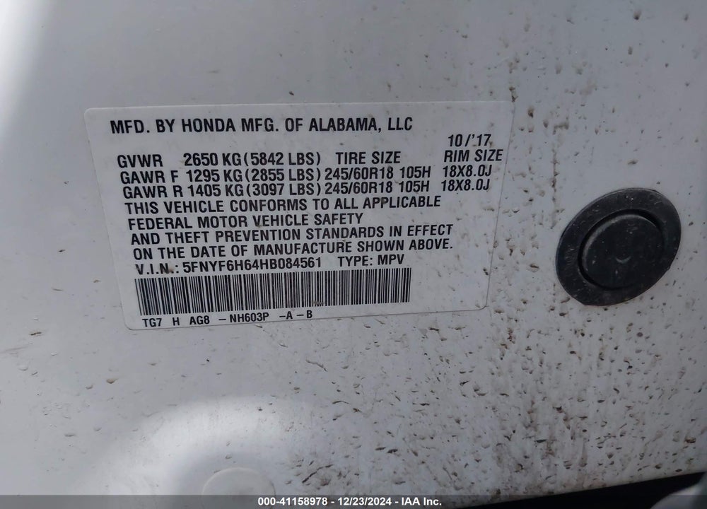 2017 HONDA PILOT VIN: 5FNYF6H64HB084561