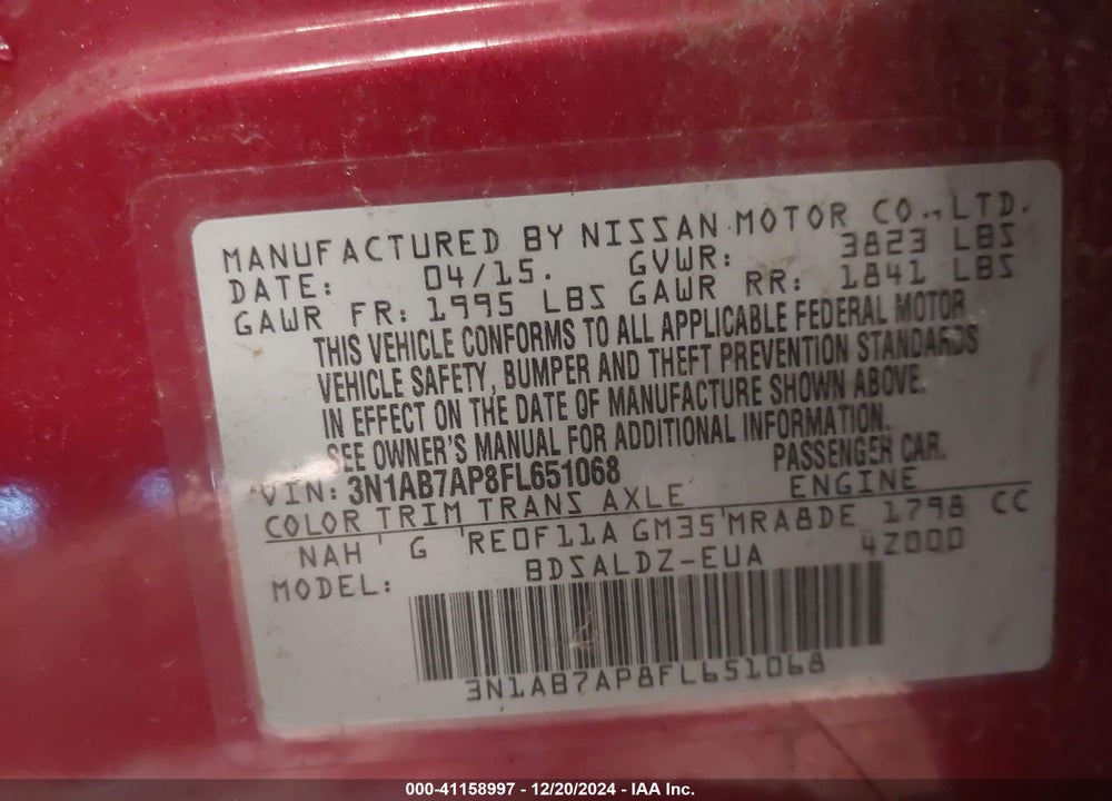 2015 NISSAN SENTRA FE+ S/S/SL/SR/SV VIN: 3N1AB7AP8FL651068