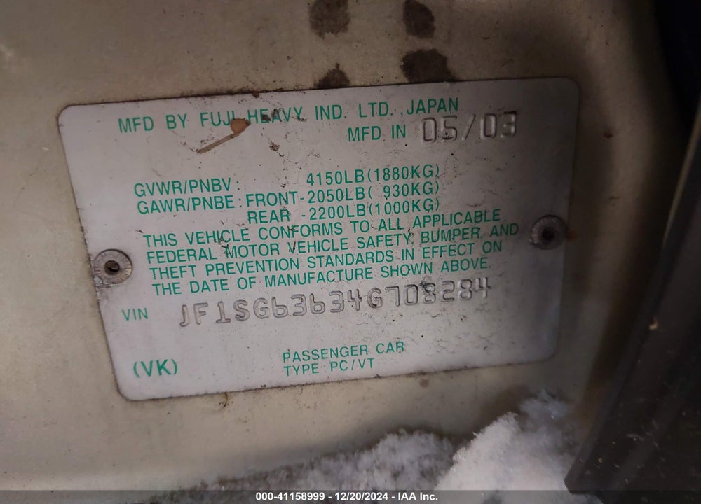 2004 SUBARU FORESTER 2.5X VIN: JF1SG63634G708284