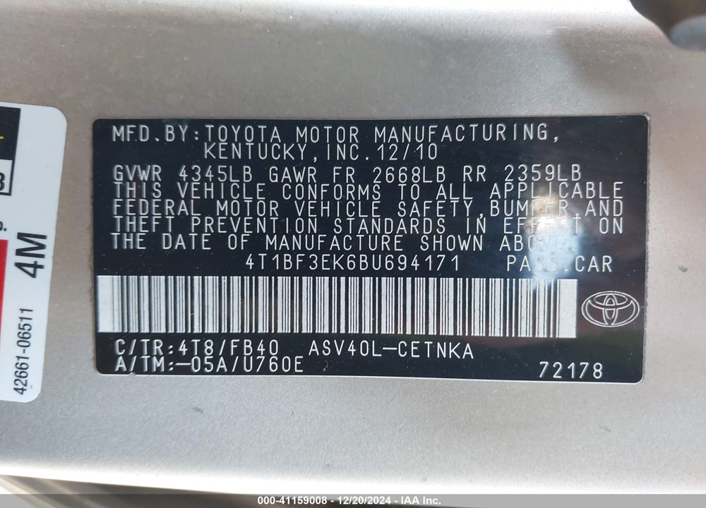 2011 TOYOTA CAMRY VIN: 4T1BF3EK6BU694171