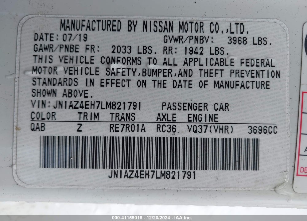 2020 NISSAN 370Z VIN: JN1AZ4EH7LM821791
