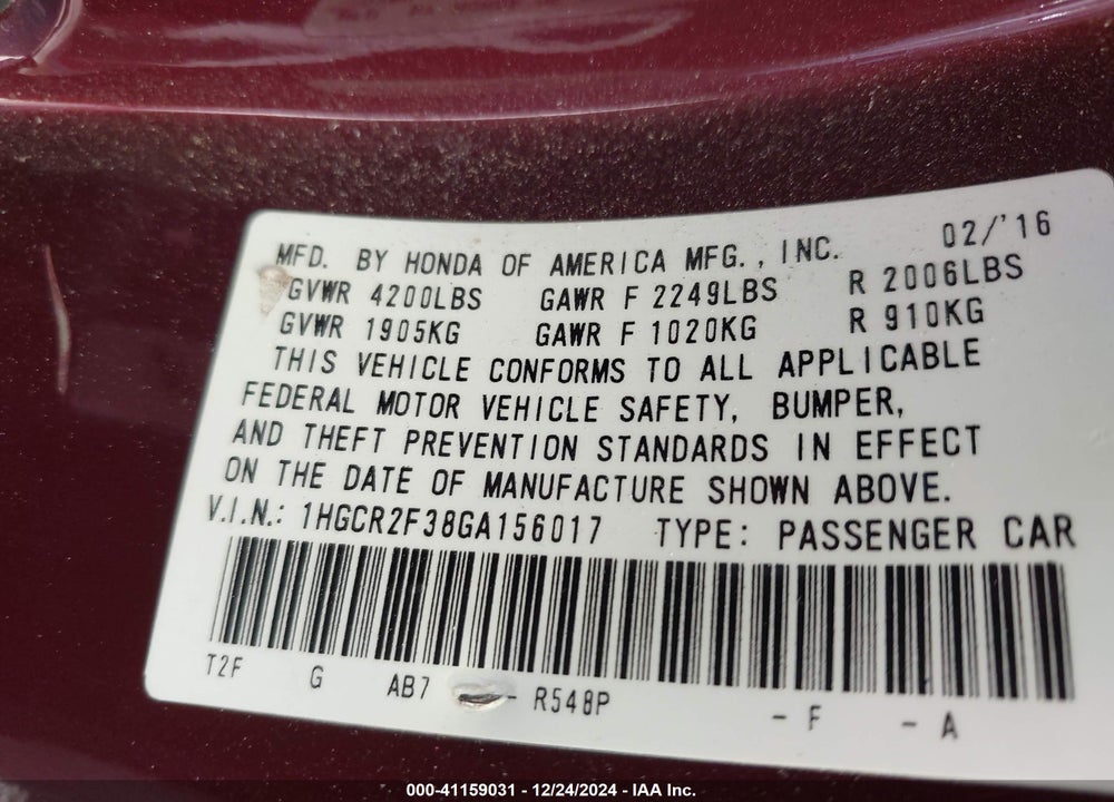 2016 HONDA ACCORD VIN: 1HGCR2F38GA156017