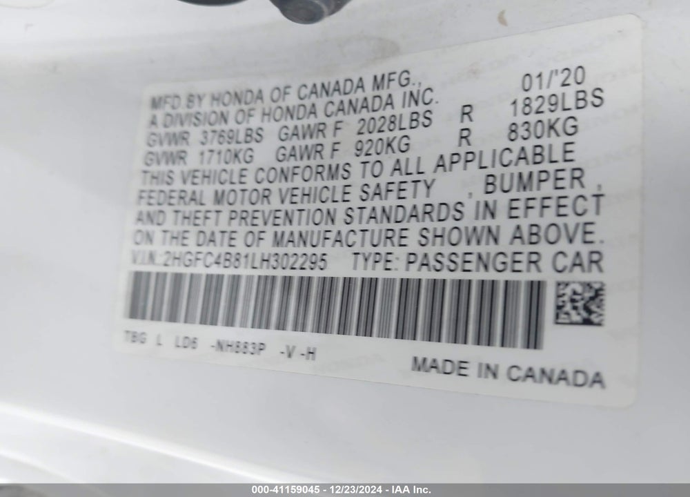 2020 HONDA CIVIC SPORT VIN: 2HGFC4B81LH302295