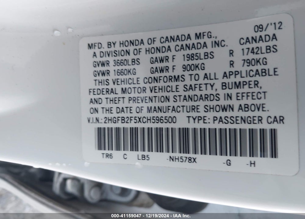 2012 HONDA CIVIC SDN LX VIN: 2HGFB2F5XCH596500