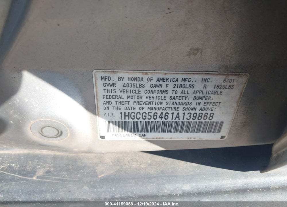 2001 HONDA ACCORD 2.3 LX VIN: 1HGCG56461A139868