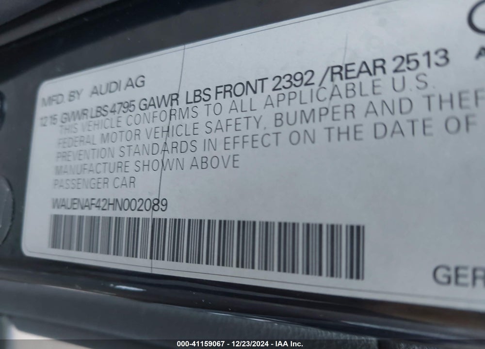 2017 AUDI A4 VIN: WAUENAF42HN002089