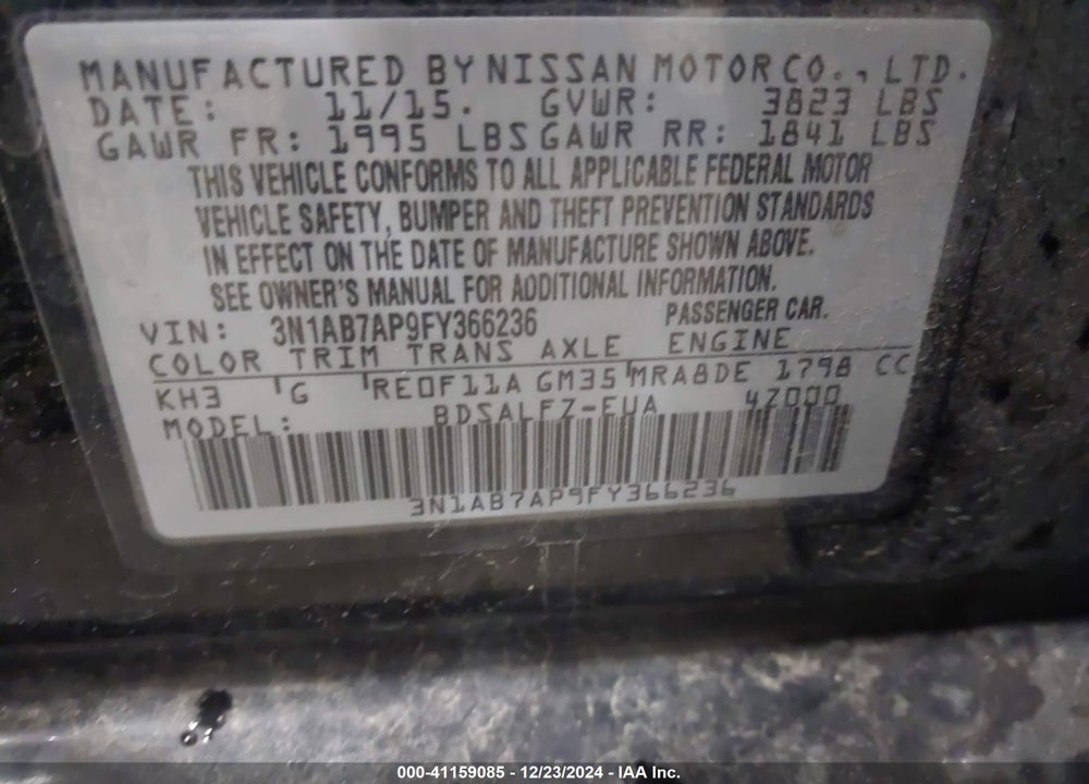 2015 NISSAN SENTRA FE+ S VIN: 3N1AB7AP9FY366236