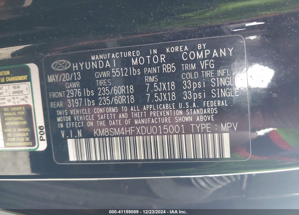 2013 HYUNDAI SANTA FE GLS VIN: KM8SM4HFXDU015001
