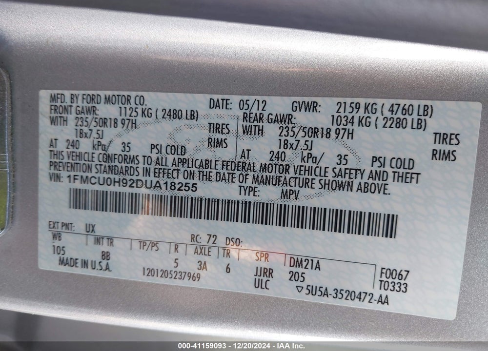 2013 FORD ESCAPE SEL VIN: 1FMCU0H92DUA18255