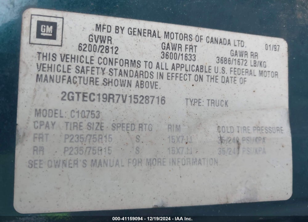1997 GMC SIERRA 1500 SL WIDESIDE VIN: 2GTEC19R7V1528716