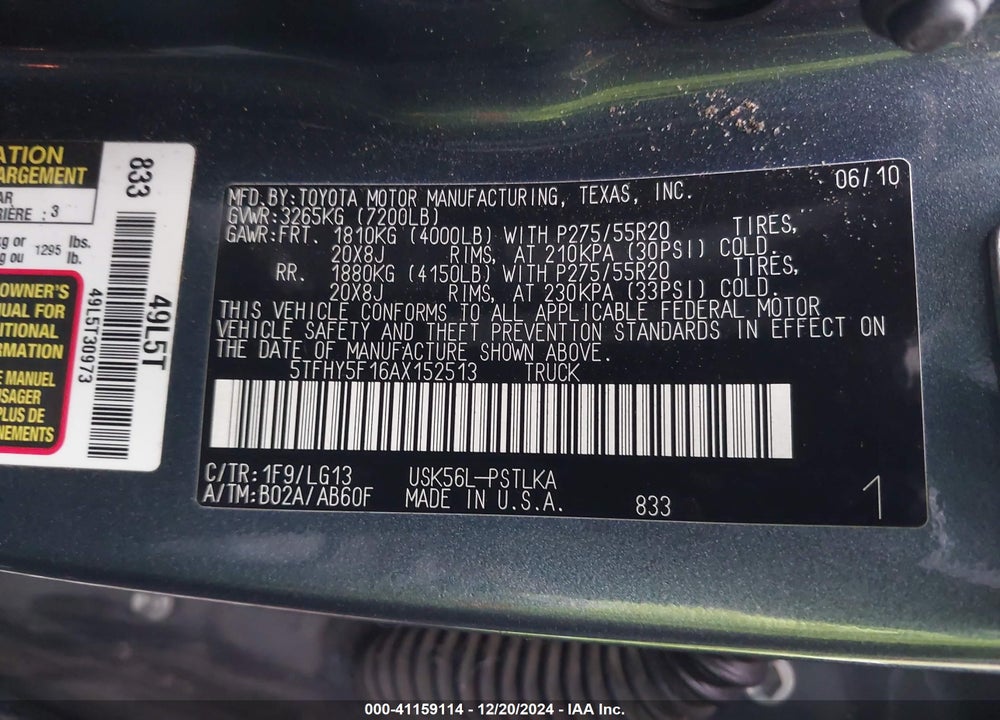 2010 TOYOTA TUNDRA CREWMAX LIMITED VIN: 5TFHY5F16AX152513