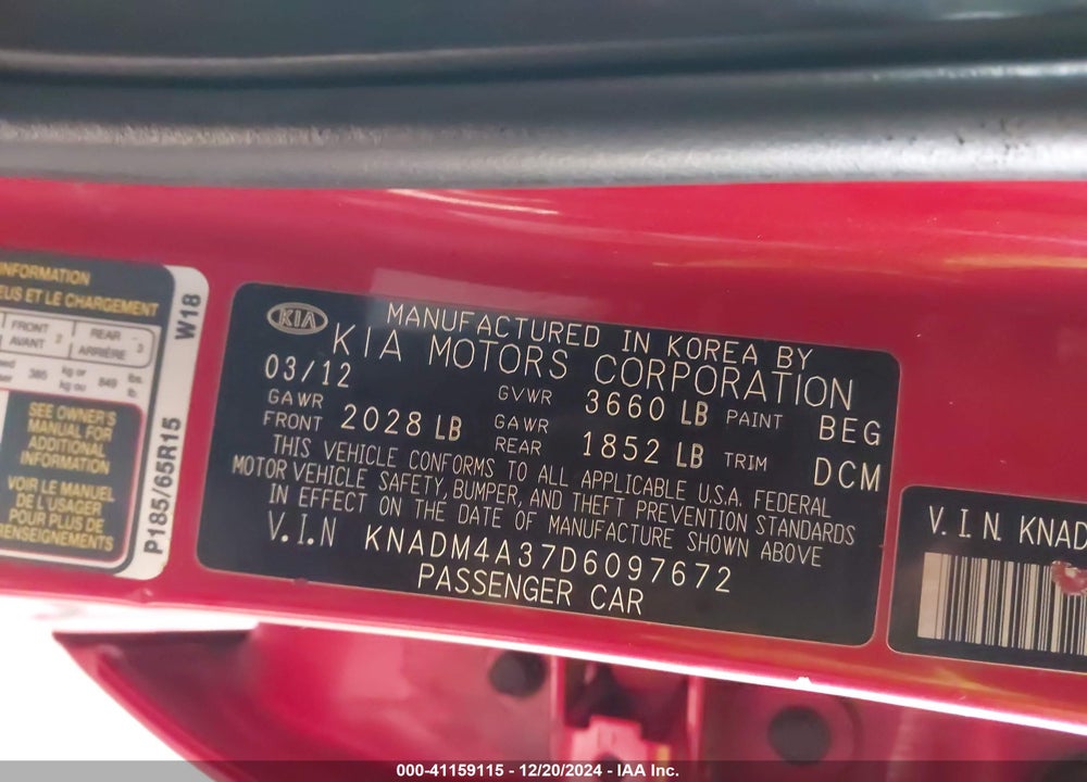 2013 KIA RIO VIN: KNADM4A37D6097672