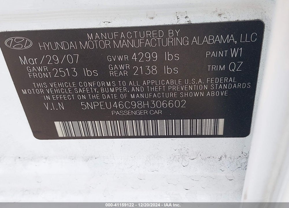 2008 HYUNDAI SONATA LIMITED/SE VIN: 5NPEU46C98H306602