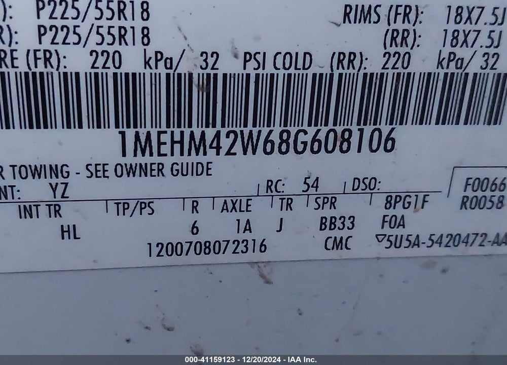 2008 MERCURY SABLE PREMIER VIN: 1MEHM42W68G608106