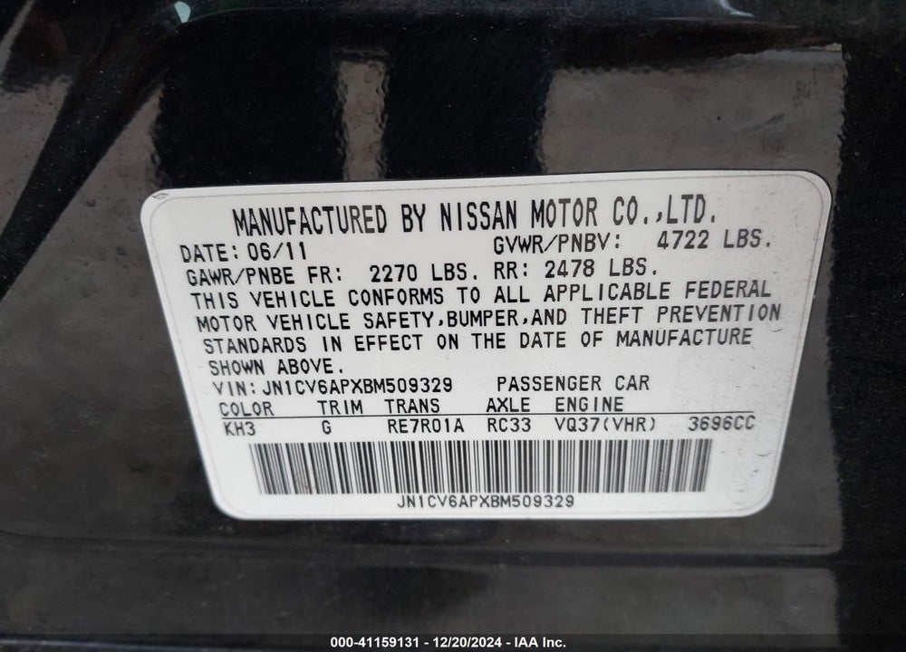 2011 INFINITI G37 JOURNEY VIN: JN1CV6APXBM509329