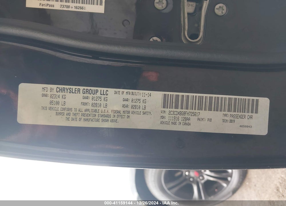 2015 DODGE CHARGER SE VIN: 2C3CDXBG8FH725617
