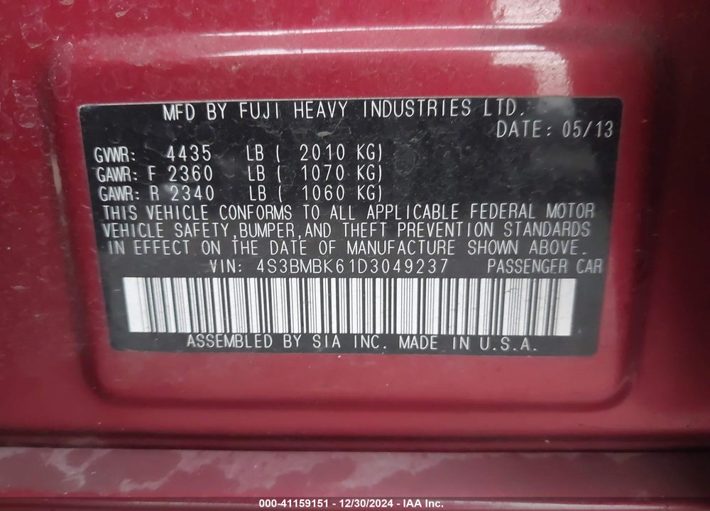 2013 SUBARU LEGACY 2.5I LIMITED VIN: 4S3BMBK61D3049237