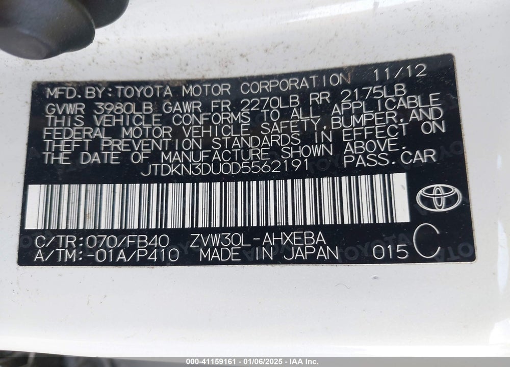 2013 TOYOTA PRIUS TWO VIN: JTDKN3DU0D5562191