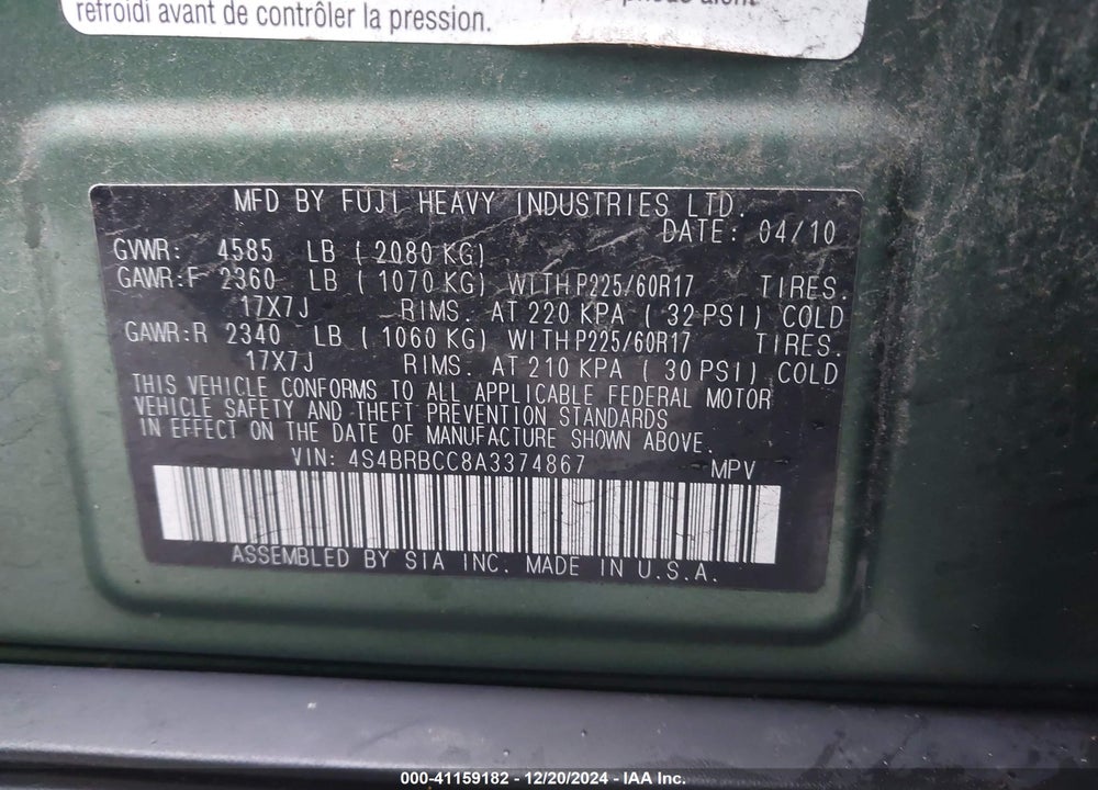 2010 SUBARU OUTBACK 2.5I PREMIUM VIN: 4S4BRBCC8A3374867