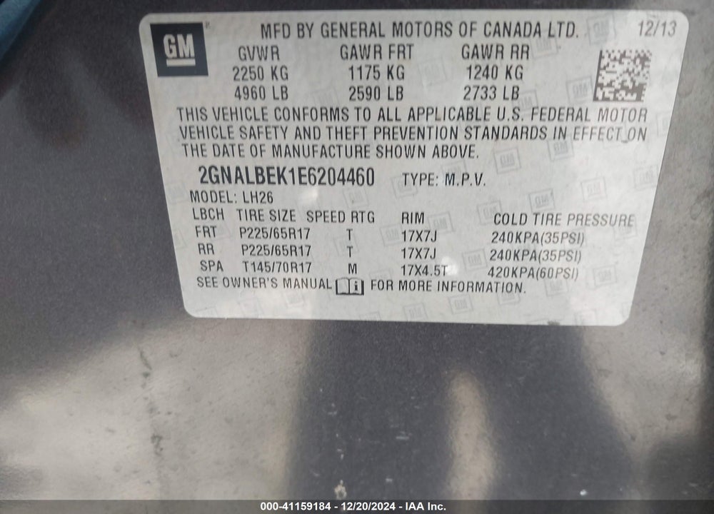 2014 CHEVROLET EQUINOX 1LT VIN: 2GNALBEK1E6204460