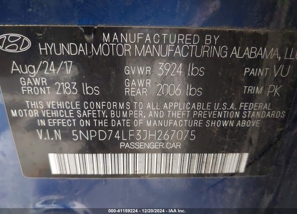 2018 HYUNDAI ELANTRA SE VIN: 5NPD74LF3JH267075