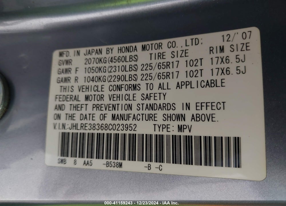 2008 HONDA CR-V LX VIN: JHLRE38368C023952