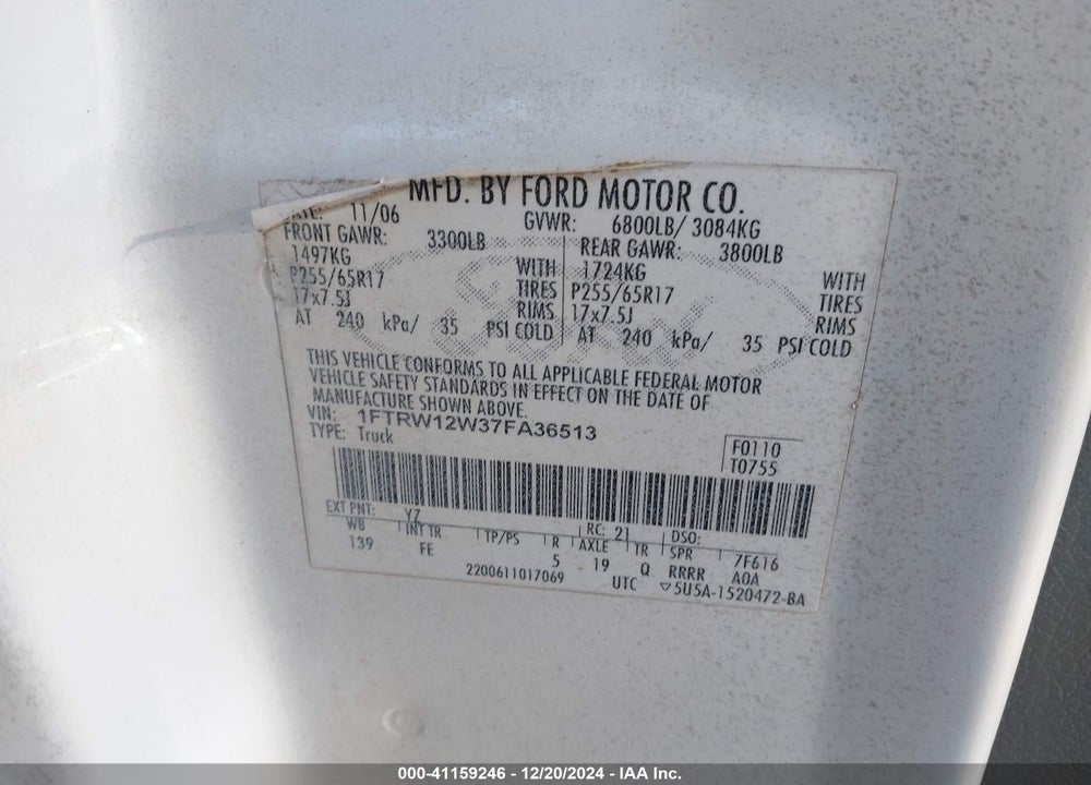 2007 FORD F-150 XLT VIN: 1FTRW12W37FA36513