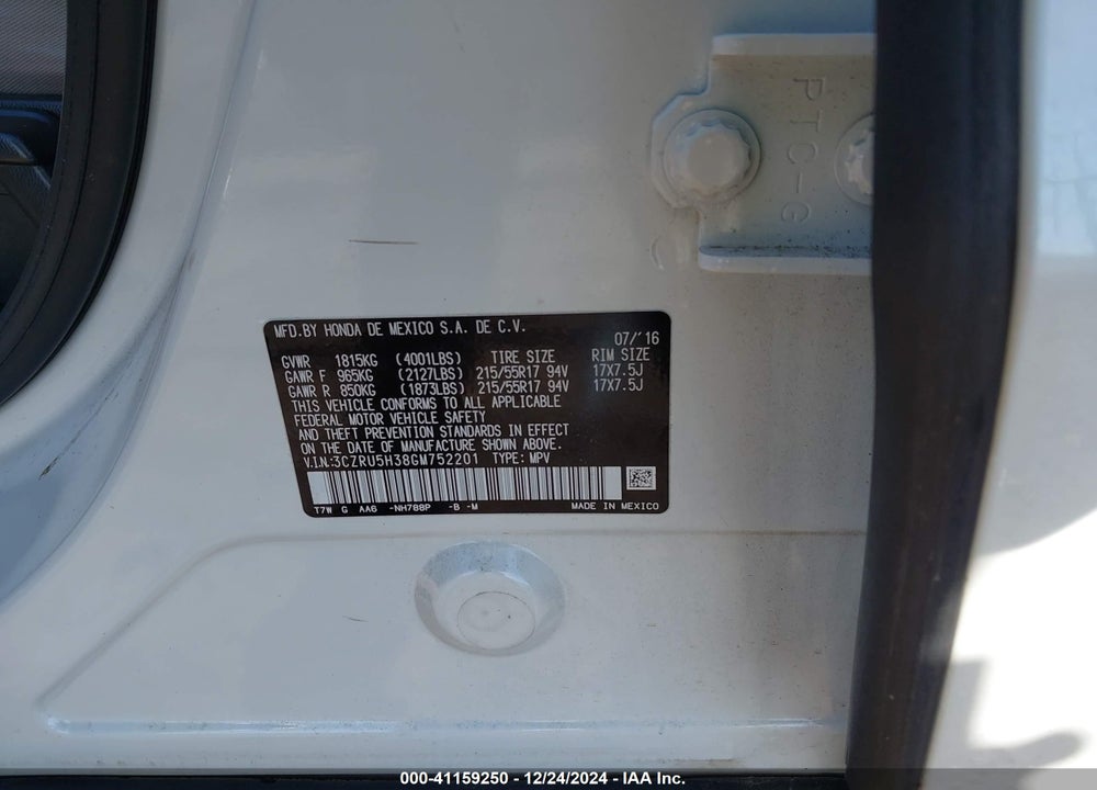 2016 HONDA HR-V LX VIN: 3CZRU5H38GM752201