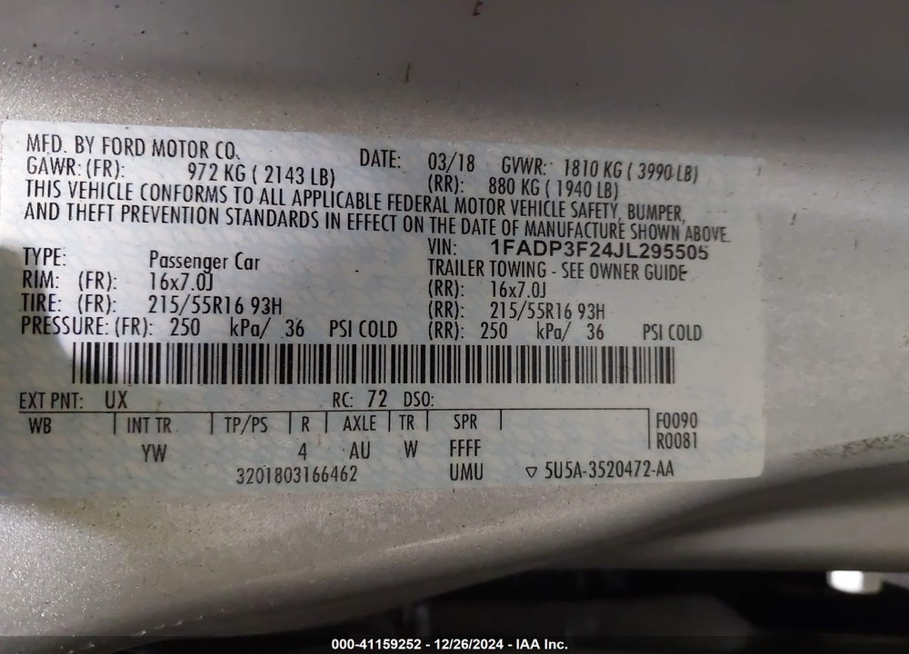 2018 FORD FOCUS SE VIN: 1FADP3F24JL295505