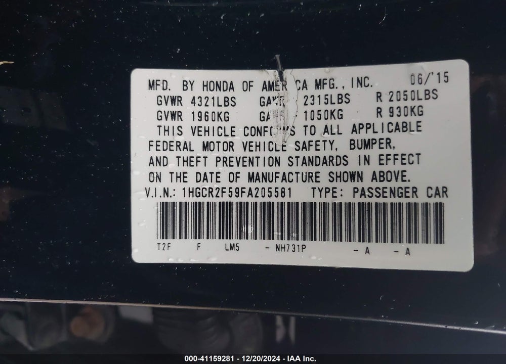 2015 HONDA ACCORD SPORT VIN: 1HGCR2F59FA205581