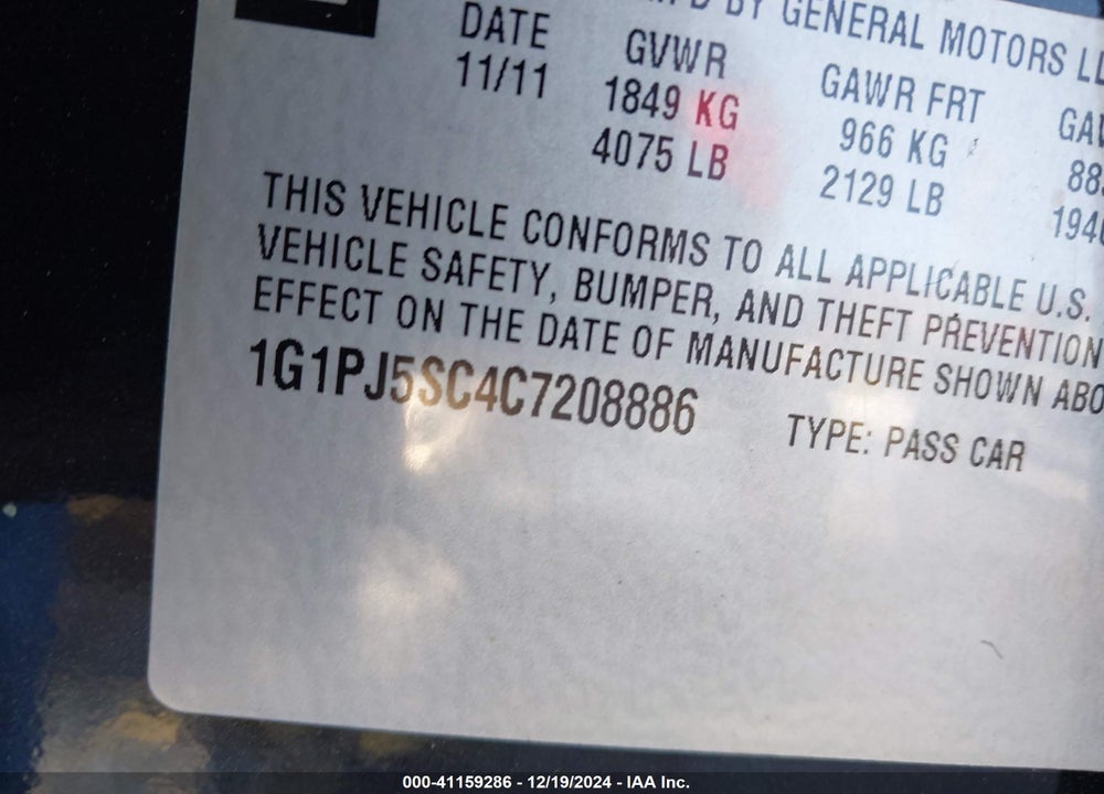 2012 CHEVROLET CRUZE ECO VIN: 1G1PJ5SC4C7208886