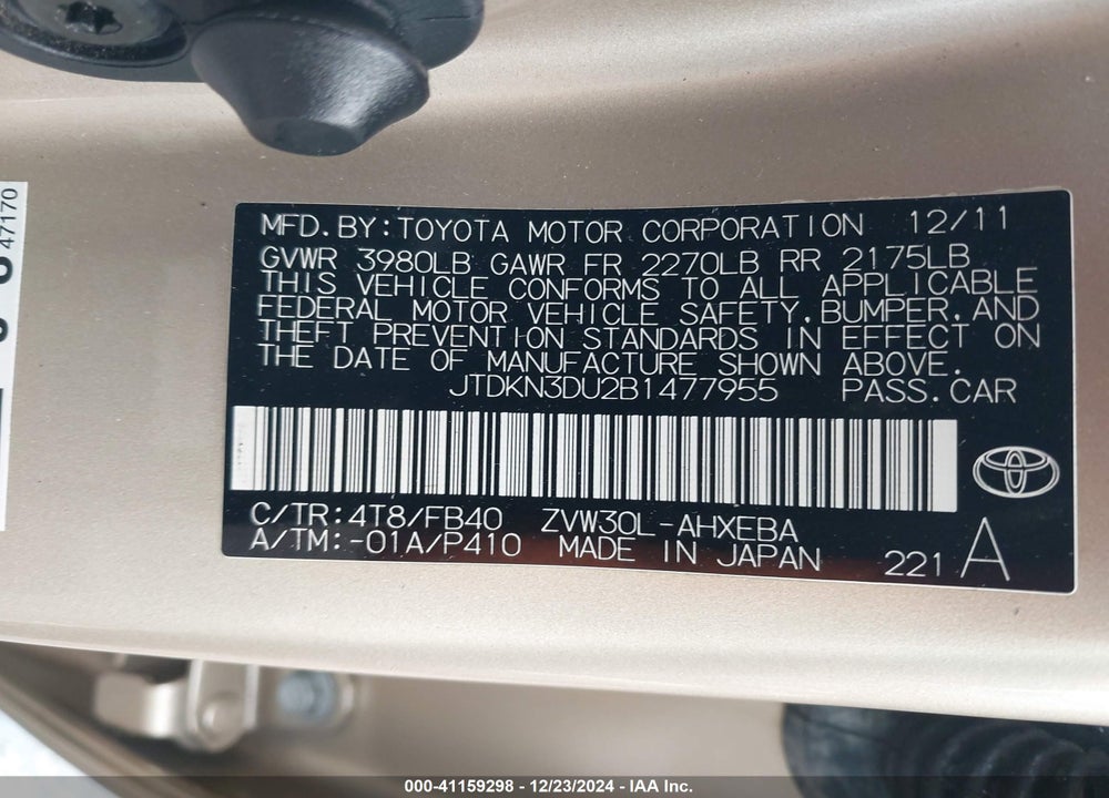 2011 TOYOTA PRIUS TWO VIN: JTDKN3DU2B1477955