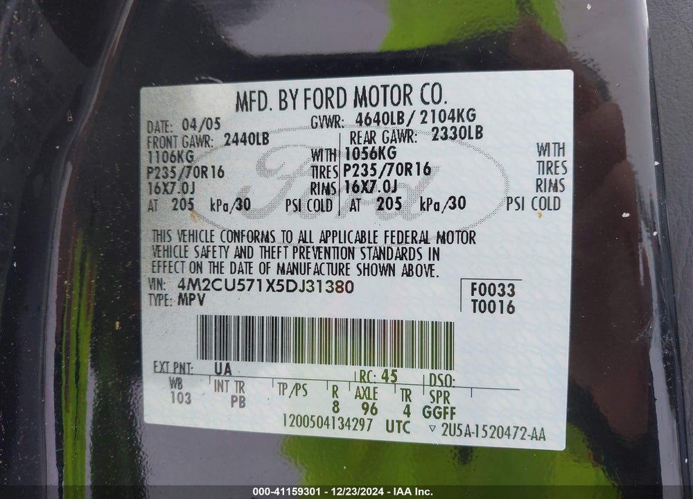 2005 MERCURY MARINER LUXURY/PREMIER VIN: 4M2CU571X5DJ31380
