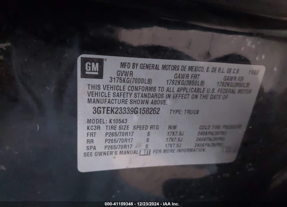 2009 GMC SIERRA 1500 VIN: 3GTEK23339G158262
