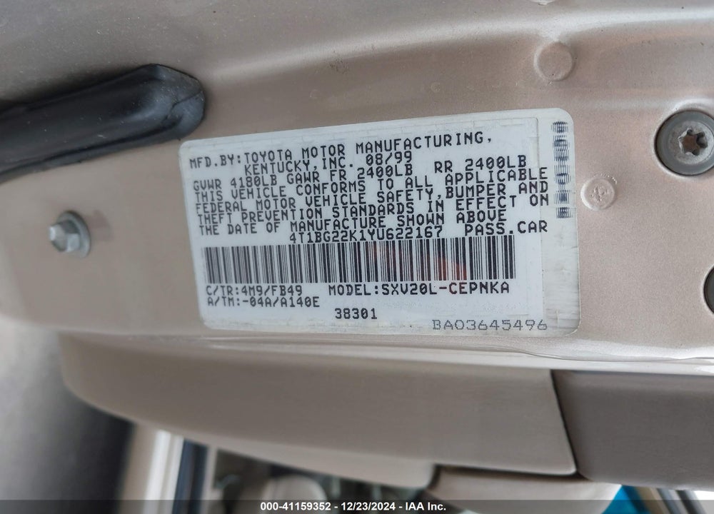2000 TOYOTA CAMRY LE VIN: 4T1BG22K1YU622167