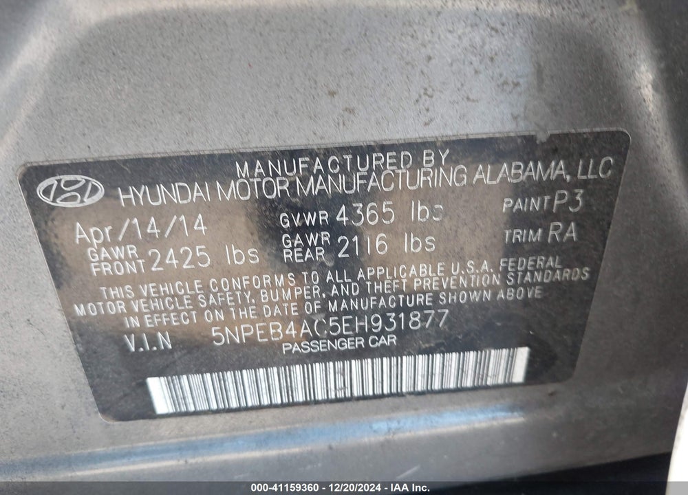 2014 HYUNDAI SONATA VIN: 5NPEB4AC5EH931877