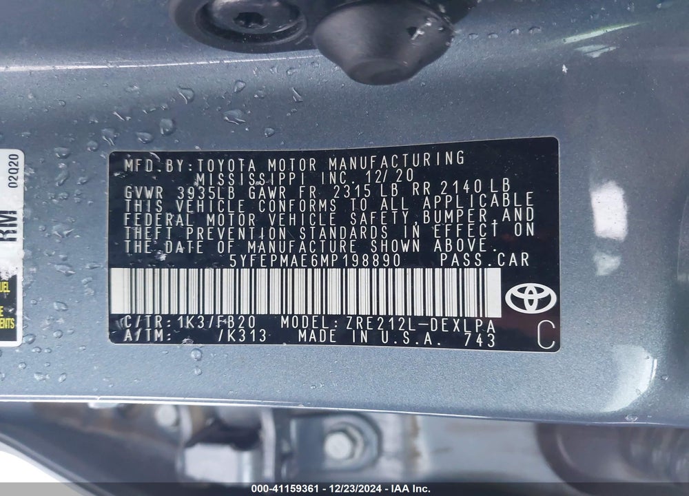 2021 TOYOTA COROLLA VIN: 5YFEPMAE6MP198890