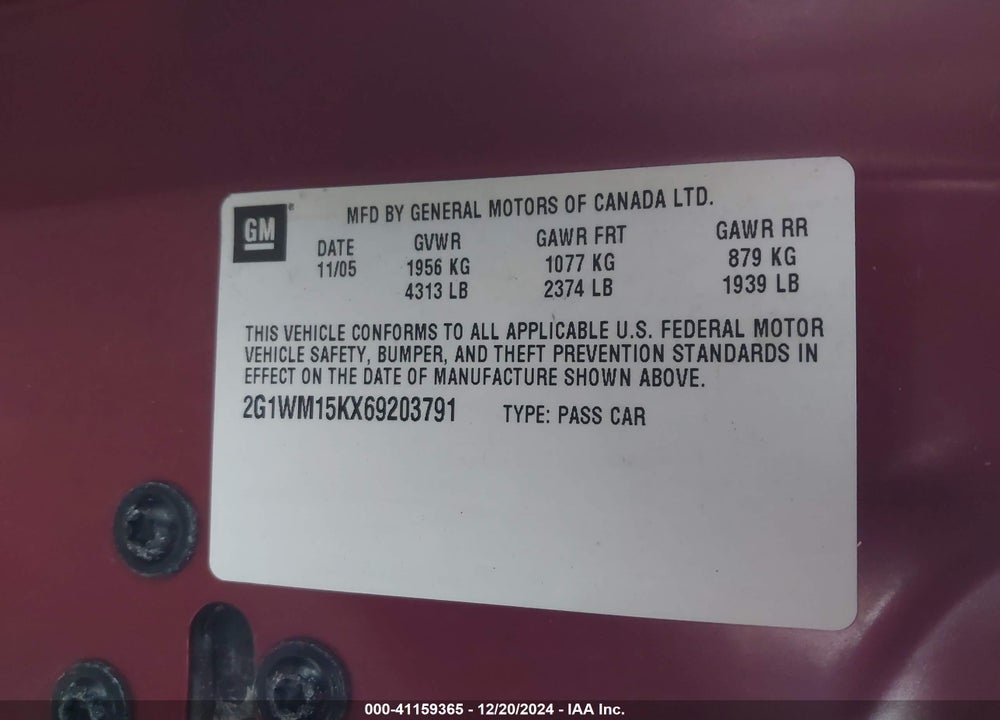 2006 CHEVROLET MONTE CARLO VIN: 2G1WM15KX69203791