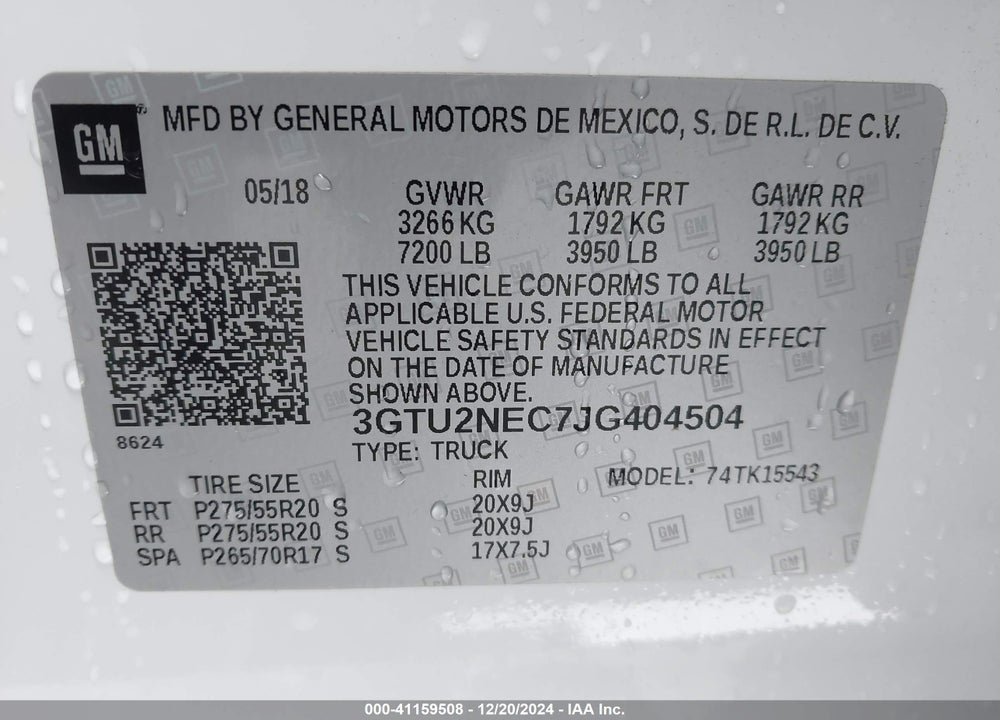 2018 GMC SIERRA 1500 SLT VIN: 3GTU2NEC7JG404504