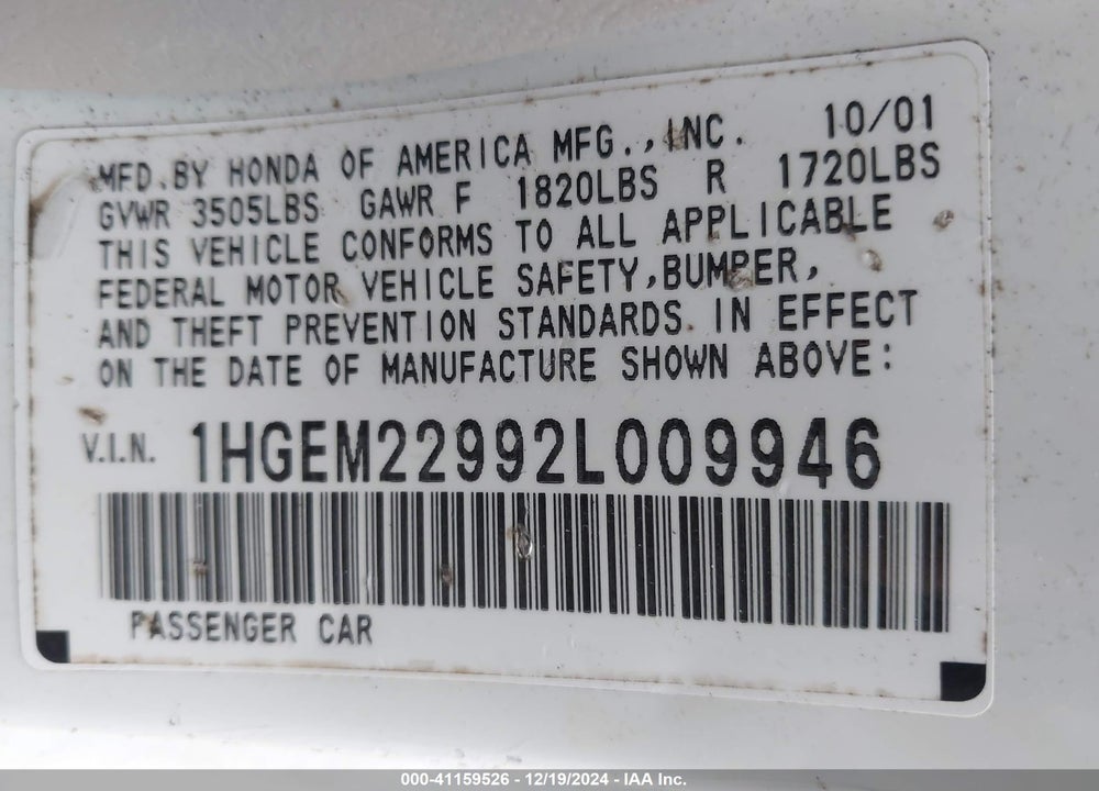 2002 HONDA CIVIC EX VIN: 1HGEM22992L009946